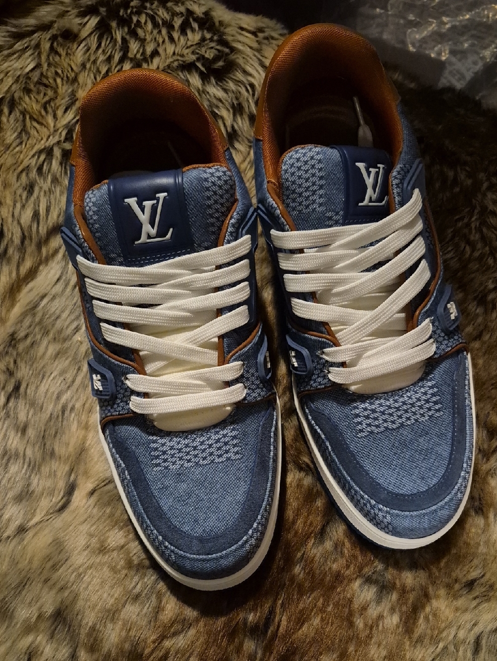 Louis Vuitton Men's Denim Blue & Brown Leather Low-Top Sneakers